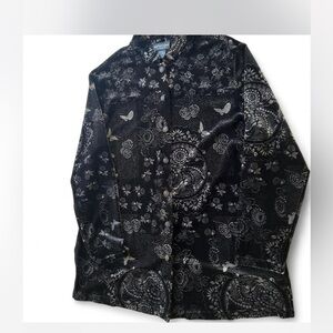 Black Burn Out Velvet Shacket Button Down Butterfly Floral Whimsy Goth Size XL